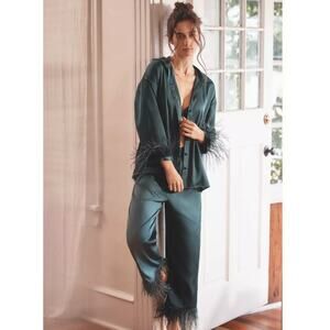 Anthropologie Hutch Feather-Trim Pajama Set Green Size S